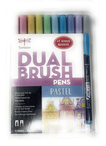 Tombow Dual Brush Pens PASTEL PALETTE 72458 Fine Set of 10 PLUS 1 Bonus Pen NEW!