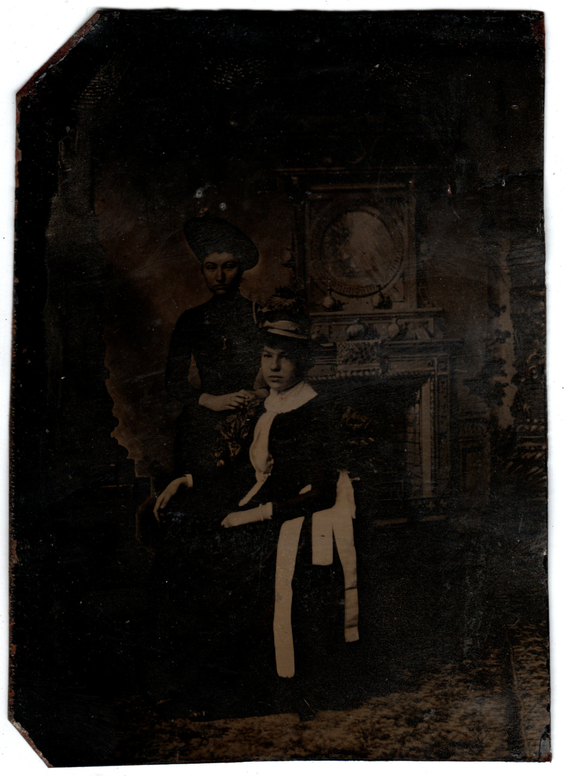 CIRCA 1850s TINTYPE 2 LADIES IN FORMAL DRESSES AND HATS