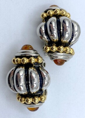 E4-1808 VINTAGE SILVER CLIP ON EARRINGS PAIR 1'' STUDS BROWN STONE