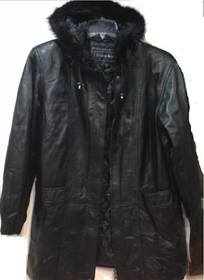 Pre-owned Seventh Ave Women's Winter Black Leather Lambskin Hooded Faux Fur Jacket Coat Plus Size L