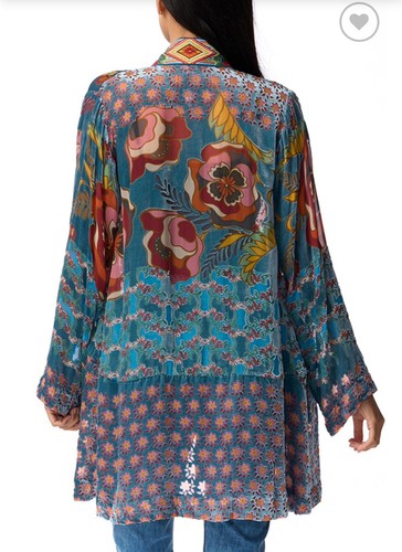 Pre-owned Johnny Was $435  Sz M/l Vember Burnout Velvet Benet Kimono Embroidered Trim In Multicolor