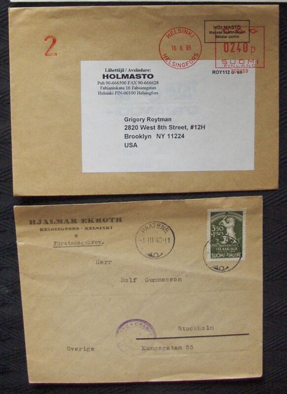 Finland, 2 letters sent to Stockholm & Brooklyn NY 1943 & 1995.