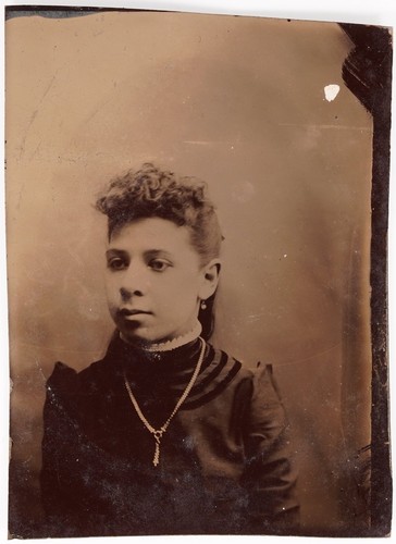 Antique Sixth Plate Tintype Young Woman High Collar Dress Gold Chain Necklace