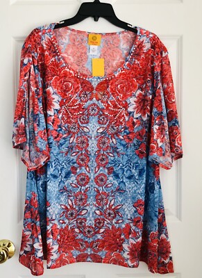 RUBY RD. WOMAN TUNIC SIZE 2X FLORAL RHINESTONES SHARK-BITE HEM PULLON PS299