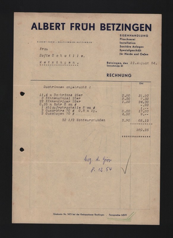 Betzingen, Rechnung 1954, Albert FrÃ¼H Eisenhandlung Flaschnerei Installation