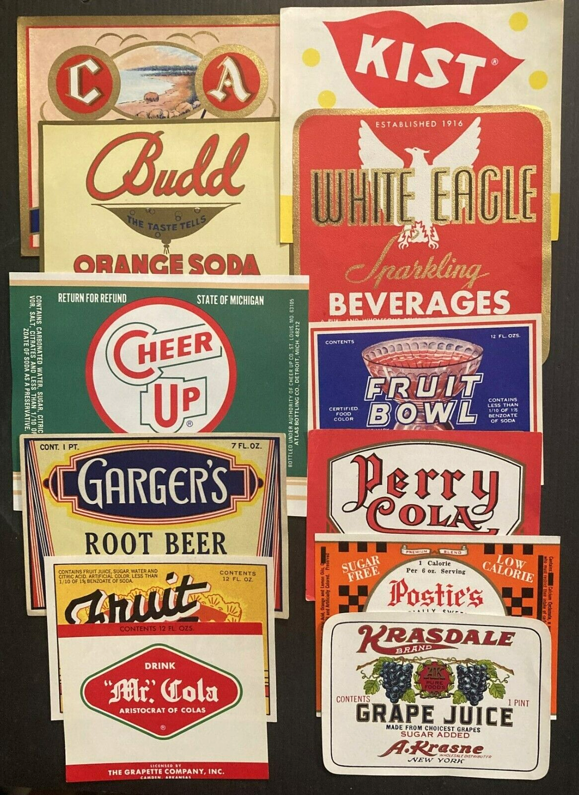 Vintage Lot of 12 Soda/Juice Labels Various Brands, Mr. Cola, White Eagle - NOS