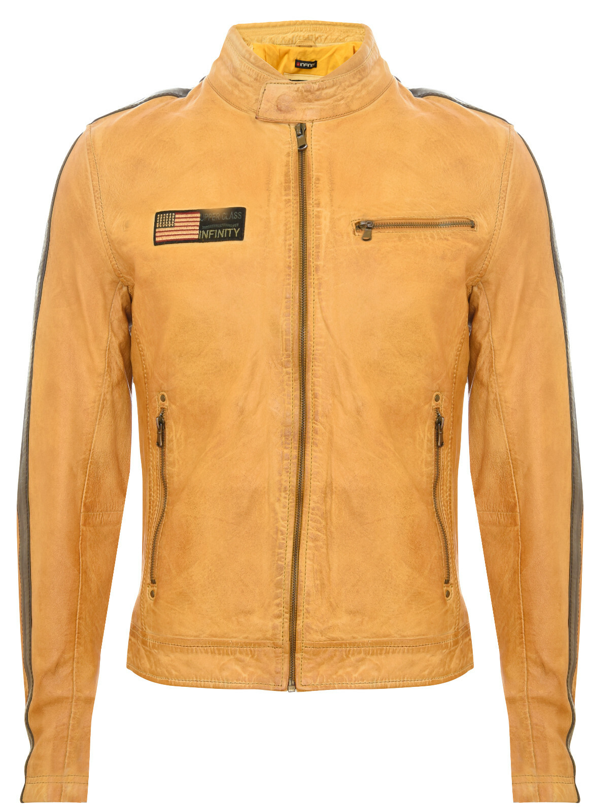 Men's Vintage Yellow Retro Casual Zipped 100% Leather Racing