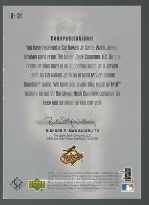 Cal Ripken 2001 Upper Deck Gold Glove Game Jersey Card# GG-CR
