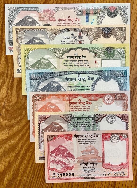 "NEW" Complete Set of 7 Nepal 5 -1000 Rupee Currency Notes Mt Everest NEW UNC