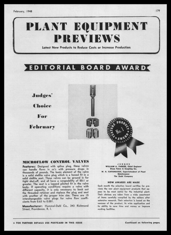 1948 Hammel Dahl Co. Providence Rhode Island Microflow Control Valves Print Ad