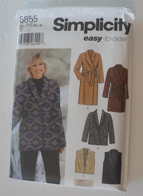 Simplicity 5855 Misses Jacket Coat Vest Sewing Pattern Size M L XL