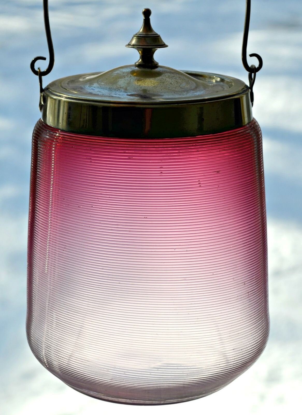 Antique Victorian cranberry threaded glass biscuit jar barrel handle lid metal