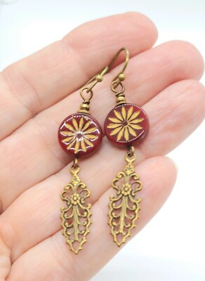 Long Red Czech Glass Sunflower Bead Earrings, Bohemian, Brass Filigree, 2''