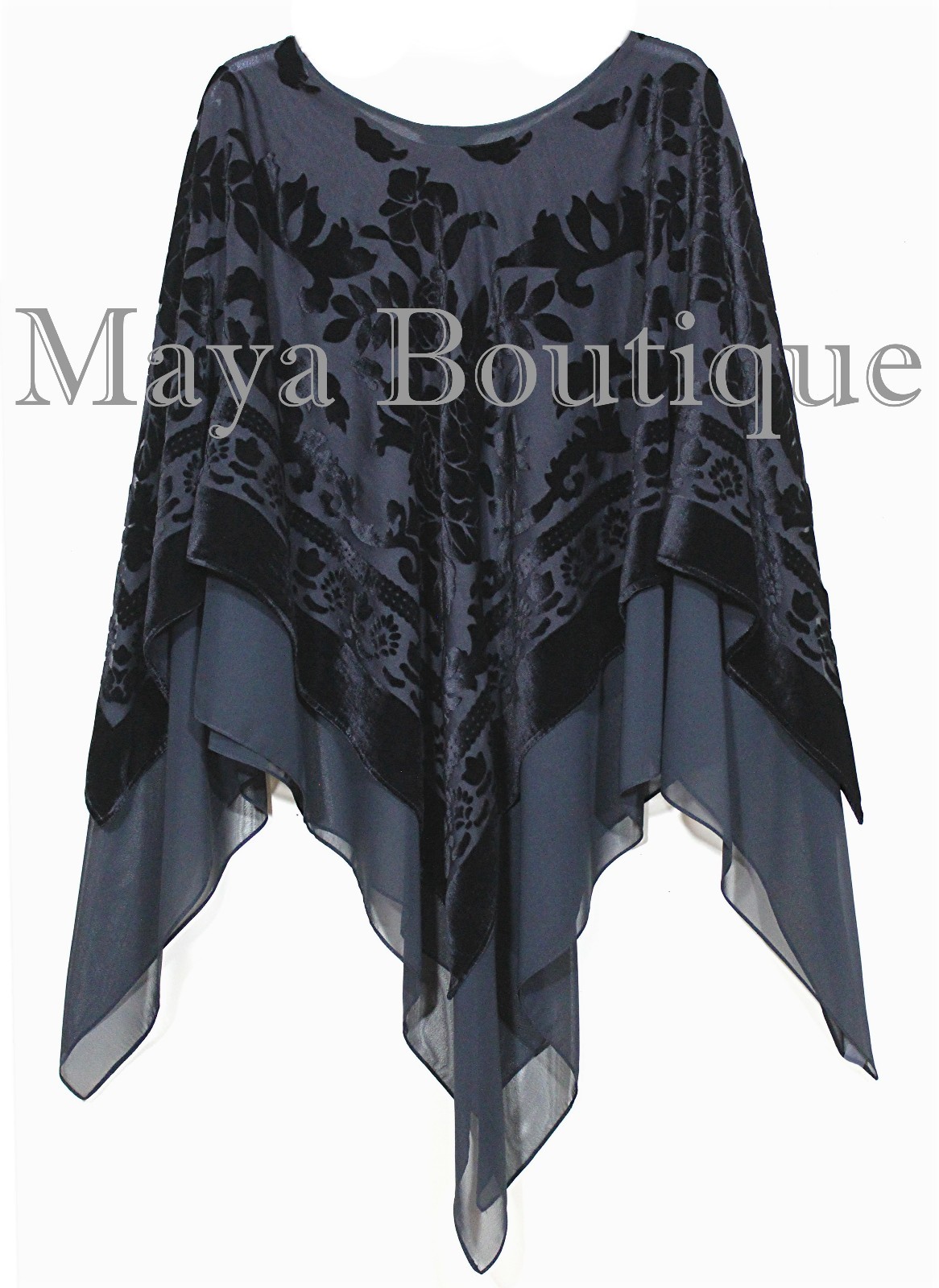 Pre-owned Maya Matazaro Black  Layered Poncho Top Burnout Velvet & Chiffon Made In Usa