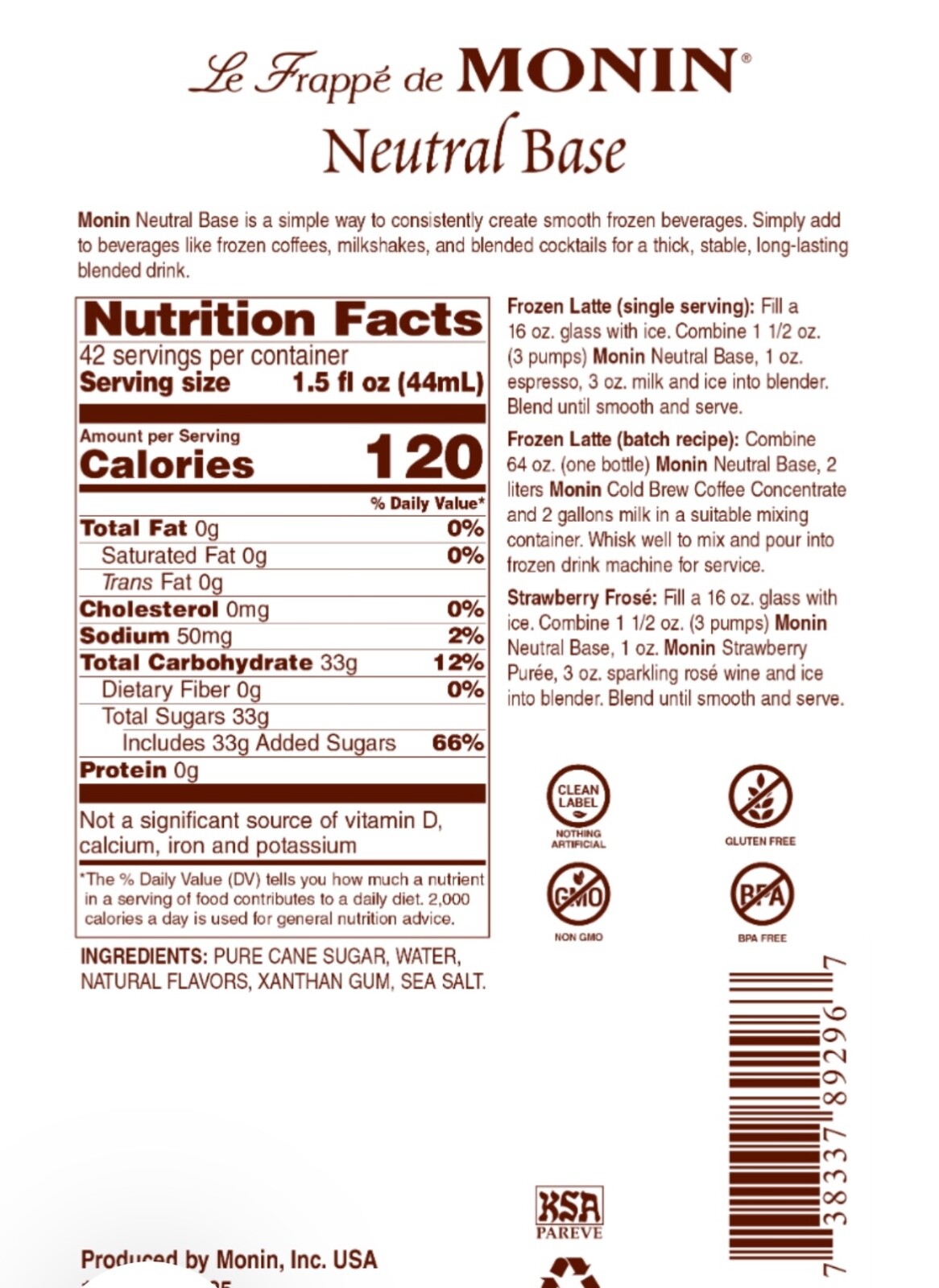 Monin Neutral Base Syrup used for frappes, frozen beverages Normally $70/4