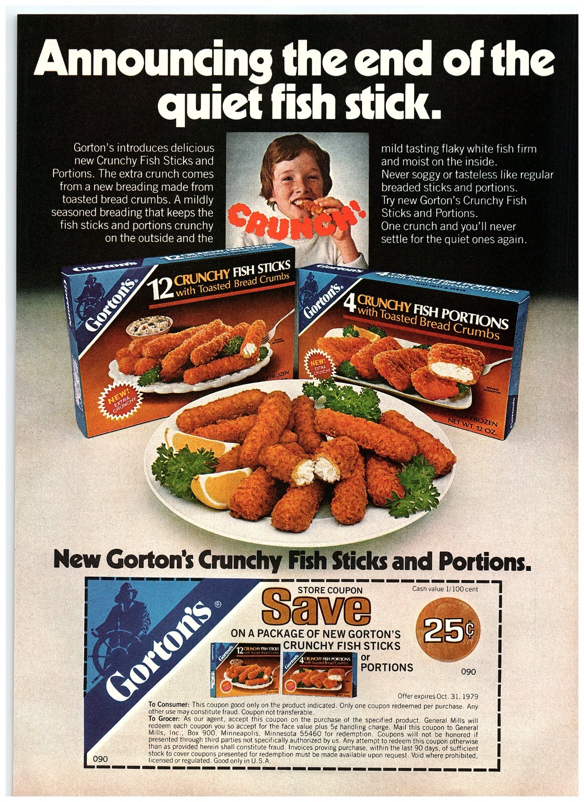 1979 Gorton's Vintage Print Ad, Fish Sticks Portions Store