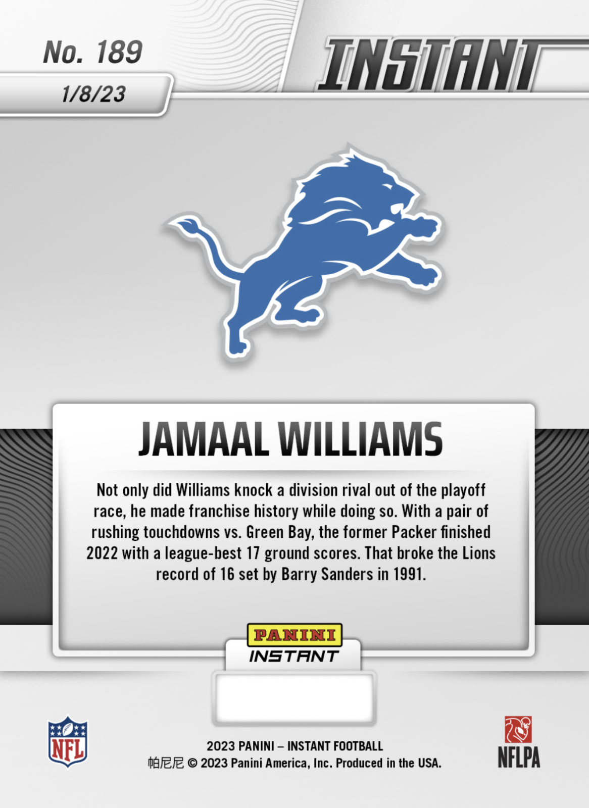 2023 JAMAAL WILLIAMS SETS FRANCHISE TOUCHDOWN RECORD PANINI INSTANT CARD #189