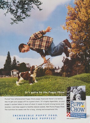 1999 Purina Puppy Chow -''It's Gotta Be The''- Dog Lifts Boy Stick -Print Ad Photo