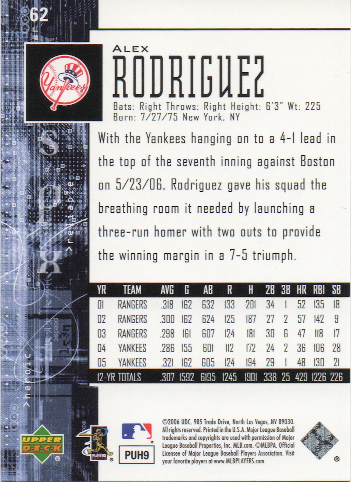 2006 Upper Deck SPx Alex Rodriguez Two Time AL MVP New York Yankees #62