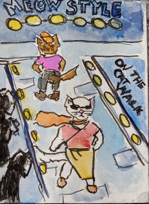 ACEO Original Watercolor and Ink Painting Cats Model Catwalk Style Fashion Show