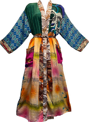 Nwt FUNKY STUFF boho patch belted vintage silk TOP DUSTER CARDIGAN 2X Free shipp