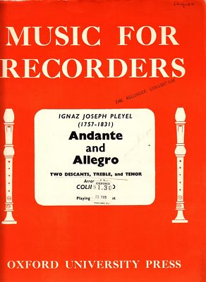 Ignaz Joseph Pleyel Andante and Allegro 2 Descants Treble Tenor Recorder 1965