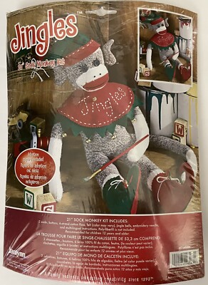 Vtg JINGLES 21  Christmas Elf SOCK MONKEY KIT Janlynn Elf Shoes New / Open Pkg