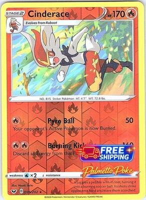Cinderace 035/202 Rare Sword & Shield Pokemon Reverse Holo Lightly Played