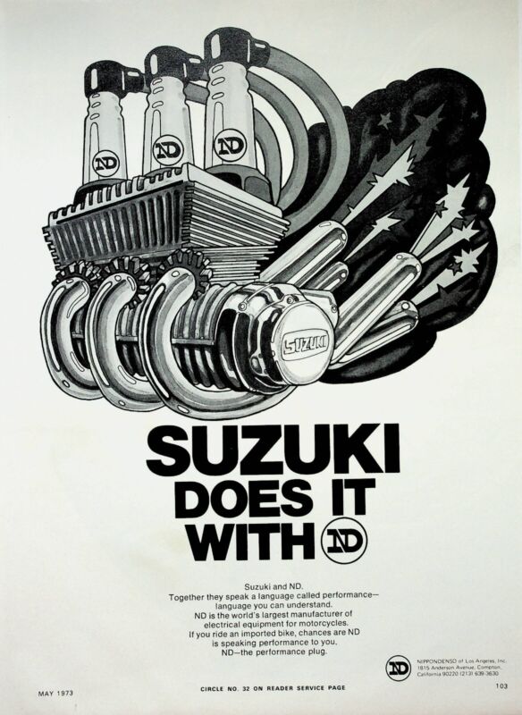 1973 Suzuki Motorcycle Spark Plugs ND Nippondenso - Vintage Ad