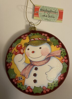 Mary Engelbreit Glass Round Christmas Ornament 4  Snowman With Cardinal NWT