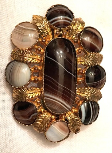 Antique Victorian Scottish Banded Agate Gold Gilt Brooch Pin 19th Century 1800s