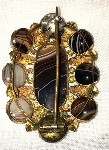 Antique Victorian Scottish Banded Agate Gold Gilt Brooch Pin 19th Century 1800s