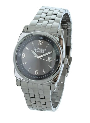 Men's casual GRUEN SWISS watch Silver tone case and band, date indicator GSM106