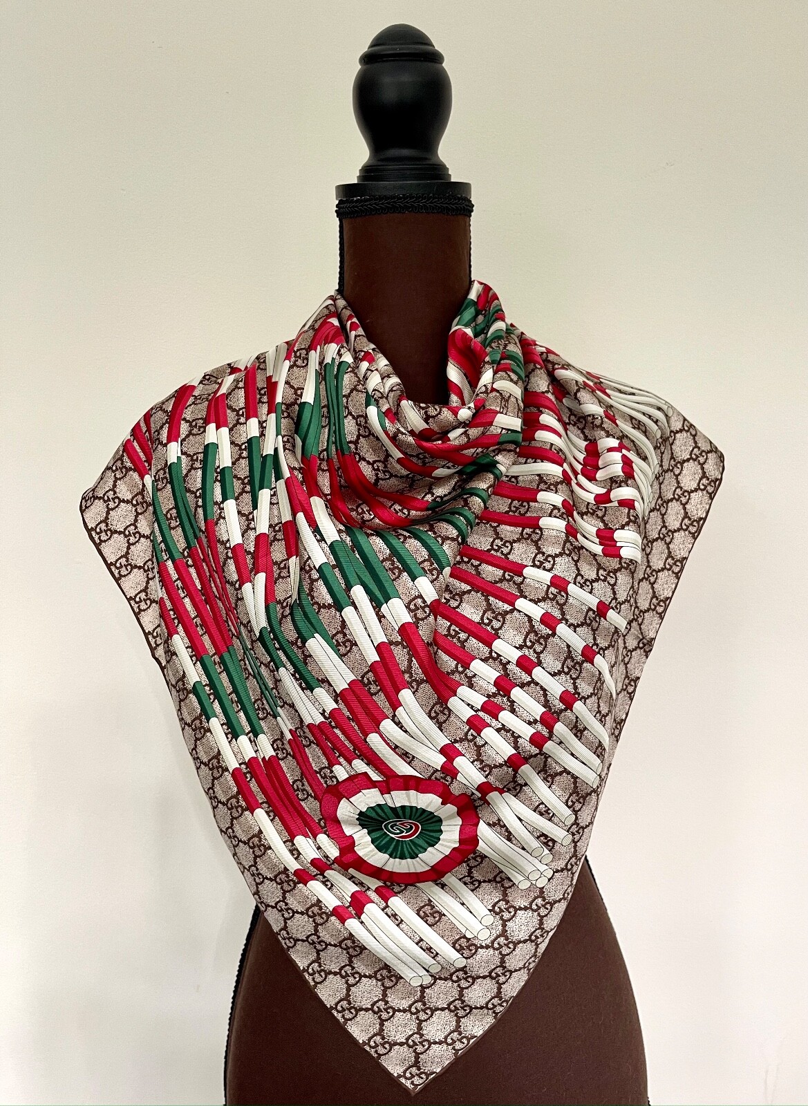 New Gucci Scarf GG Logo Club Brown Red WEB Silk Wrap with