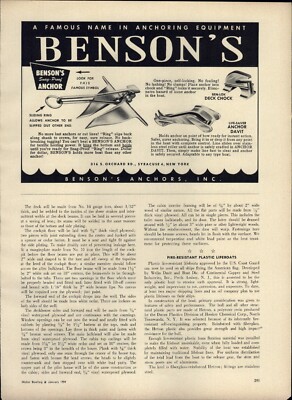 1959 PAPER AD Benson's Snag Proof Anchor ARTICLE Plastic Fire Resistant Lifeboat