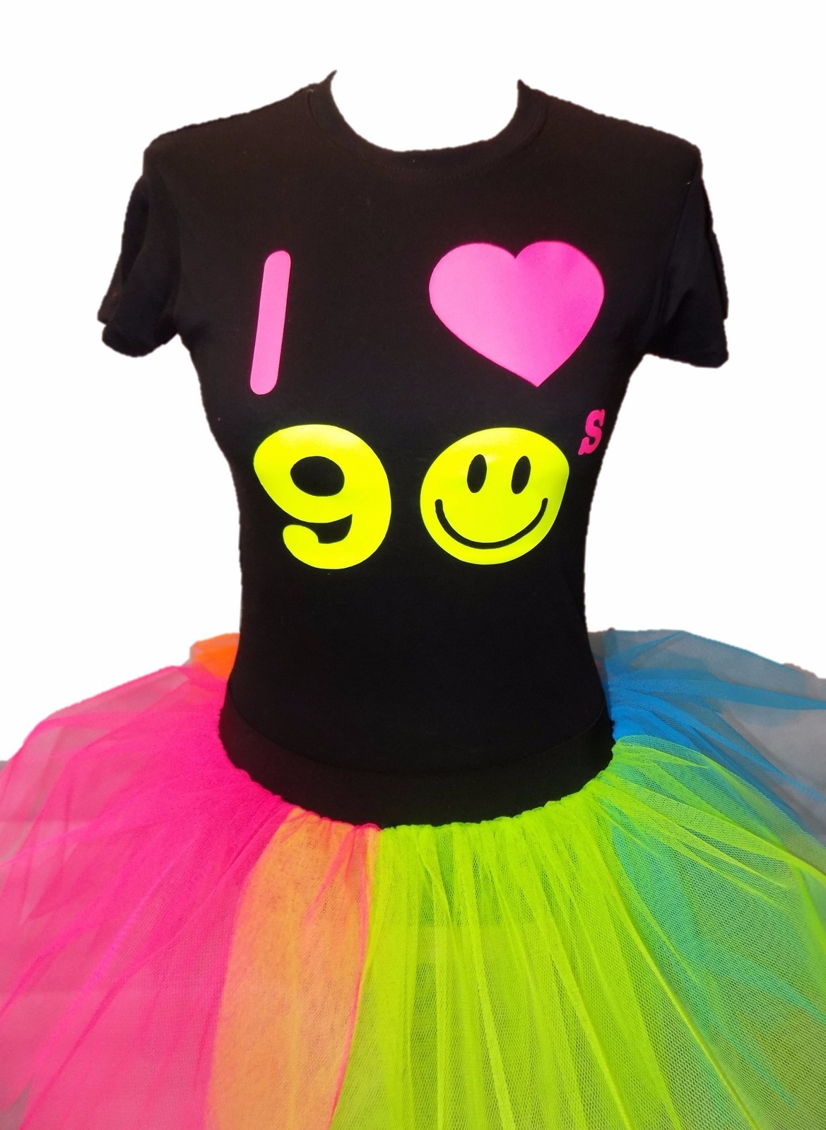 I Love 90s Neon Rainbow Tutu Skirt 90's Flo Fancy Dress T 