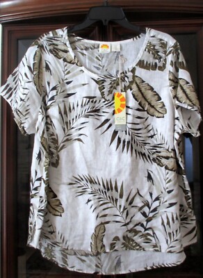 NWT C&C California 1X 2X Tropical Print 100% Linen Short Sleeve Hi-Low Hem Top