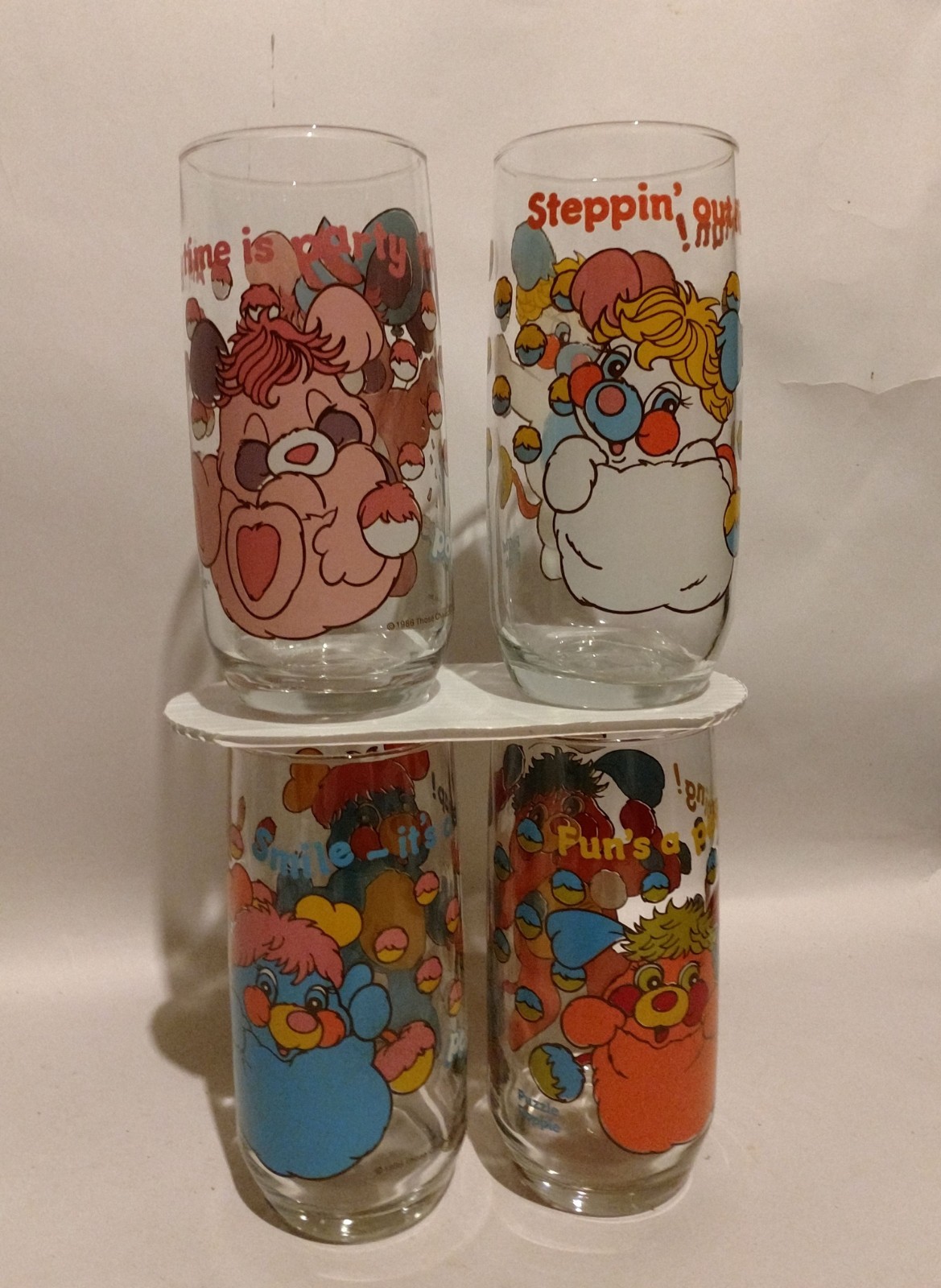 4 POPPLE PIZZA HUT Pink Blue White Orange Bears Hearts Drink Glass Collector SET