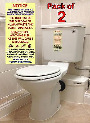 2x WATERPROOF Warning Sticker Sign / Notice for Macerator Toilets. Fits Saniflo.