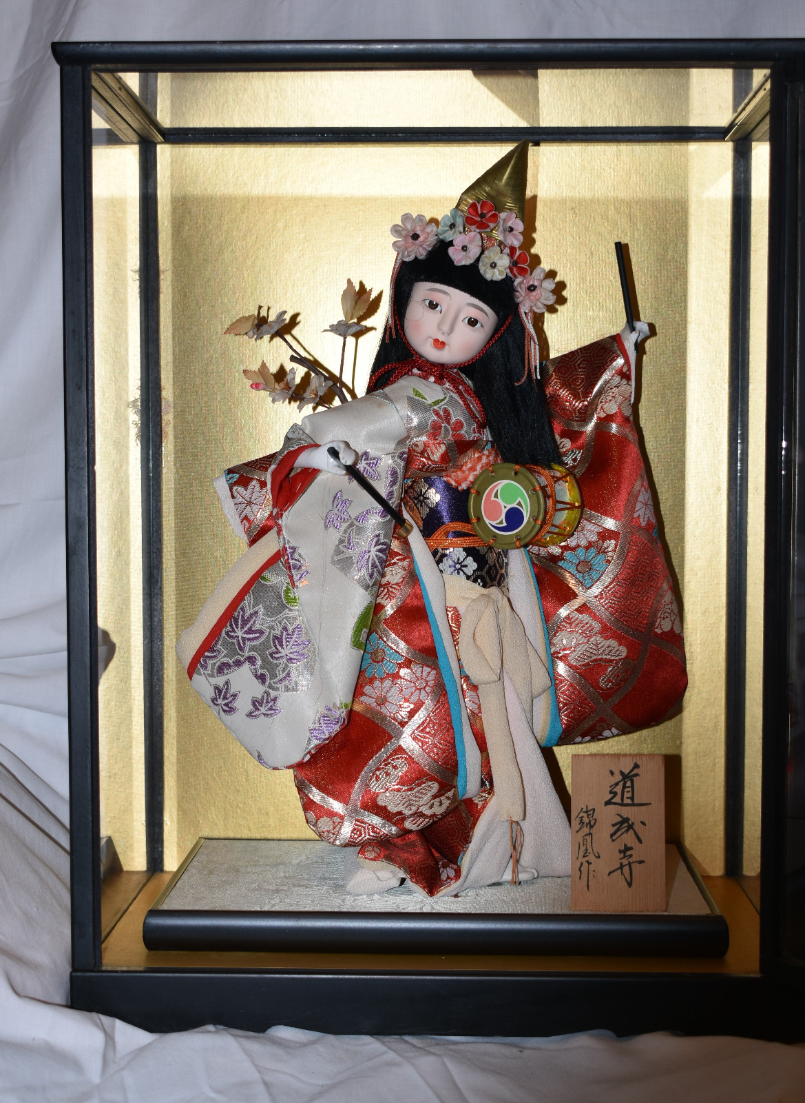 Ichimatsu Kimono Japanese Rare Vintage Gofun Doll with Drum and Signed by Maker
