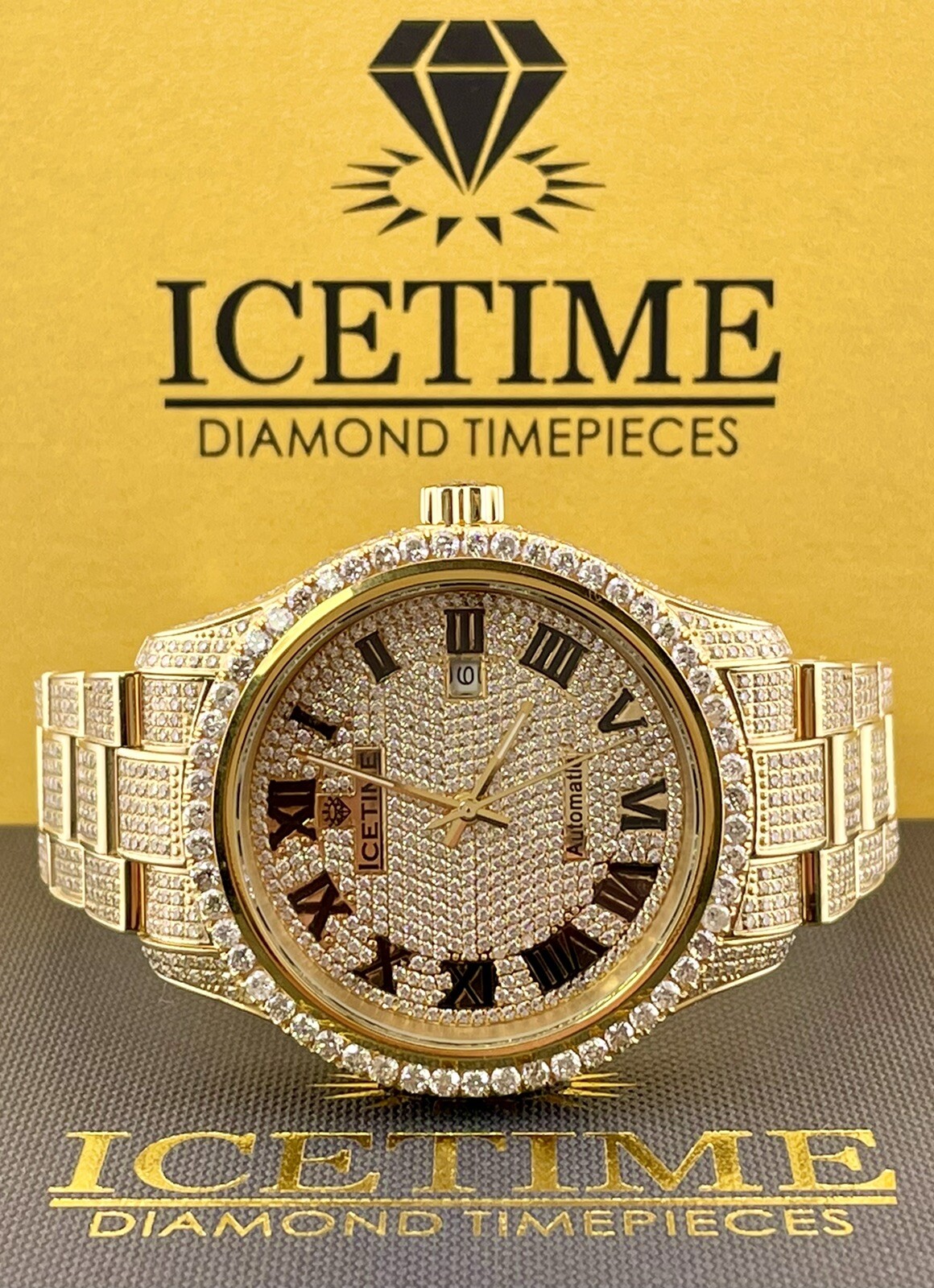 Ice Time 41mm Men's Automatic GOLD PLATED Steel Watch Iced Out
