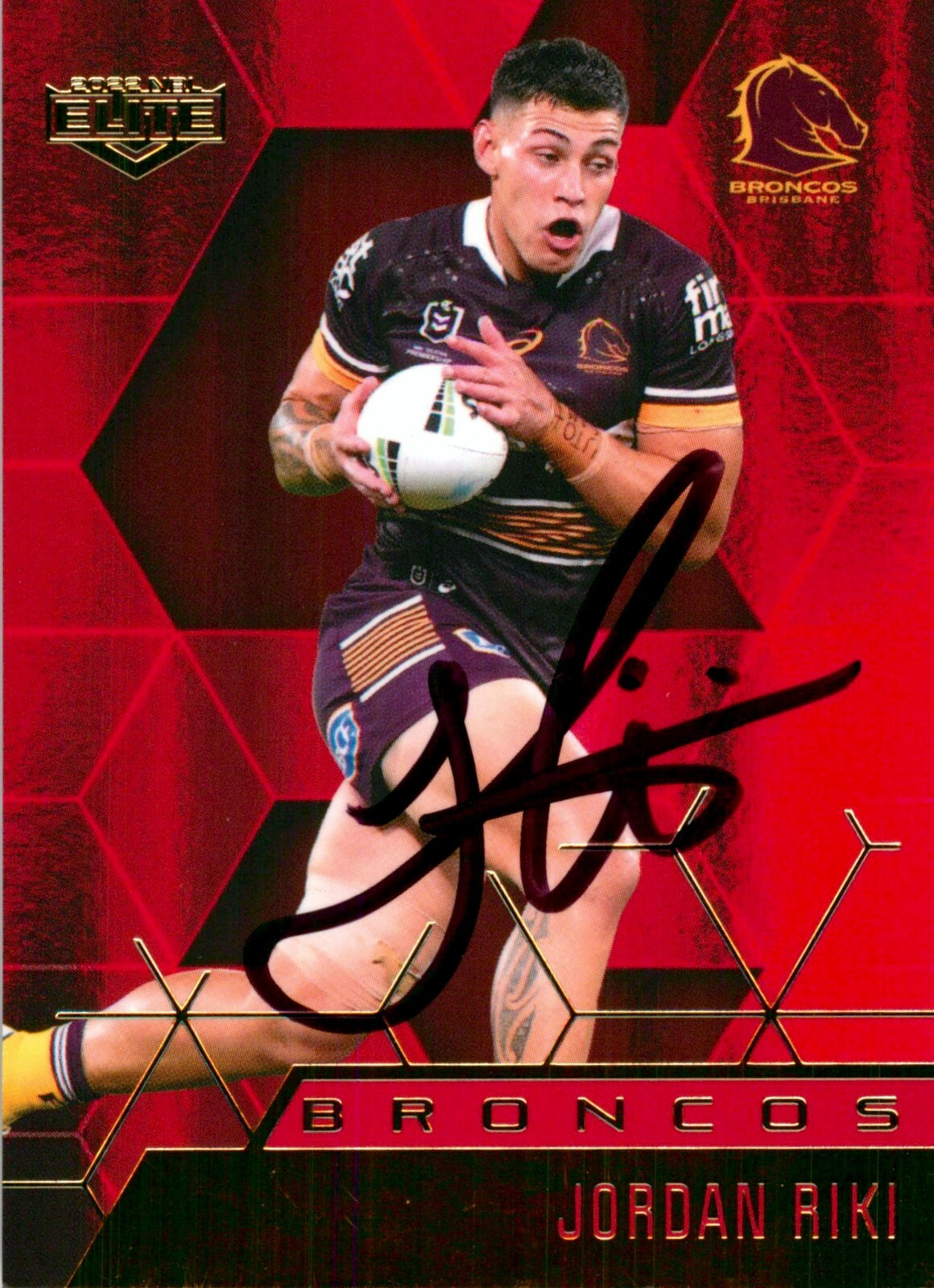 Signed 2022 Brisbane Broncos NRL Elite Mojo Ruby Card