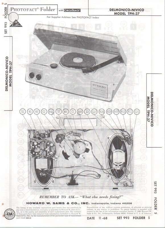 1968 DELMONICO NIVICO TPH-37 RECORD PLAYER SERVICE MANUAL SCHEMATIC PHOTOFACT