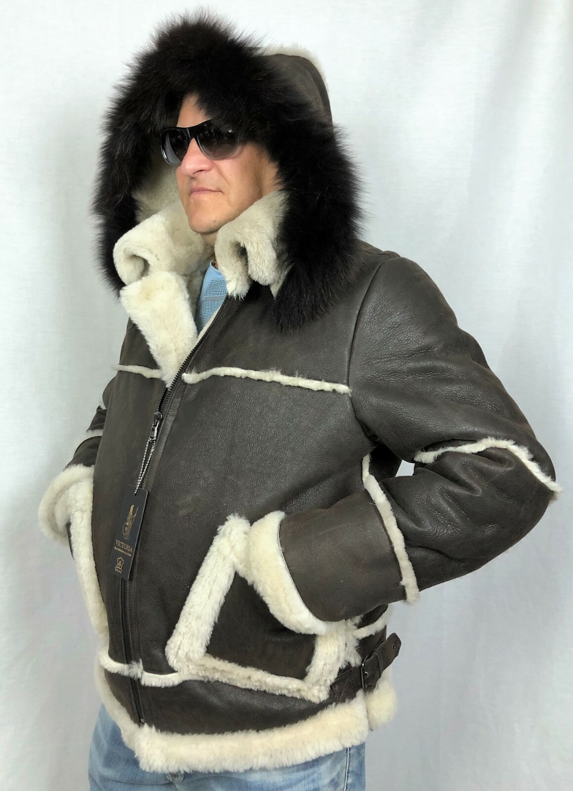 Pre-owned Victoria Brown 100% Sheepskin Shearling Leather Real Fox Pilot B3 Coat Jacket Xs-8xl,