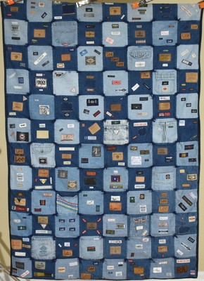68x68 Large Handmade Denim and Cotton Floral Quilt with metallic accents
