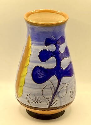 VTG Lovely Hand-Turned Handpainted & Etched Studio Art Pottery Vase 8''H