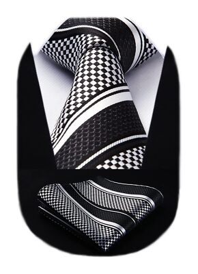 Mens Tie Black White Stripe Tie and Pocket Square Set Formal Striped Silk Nec...