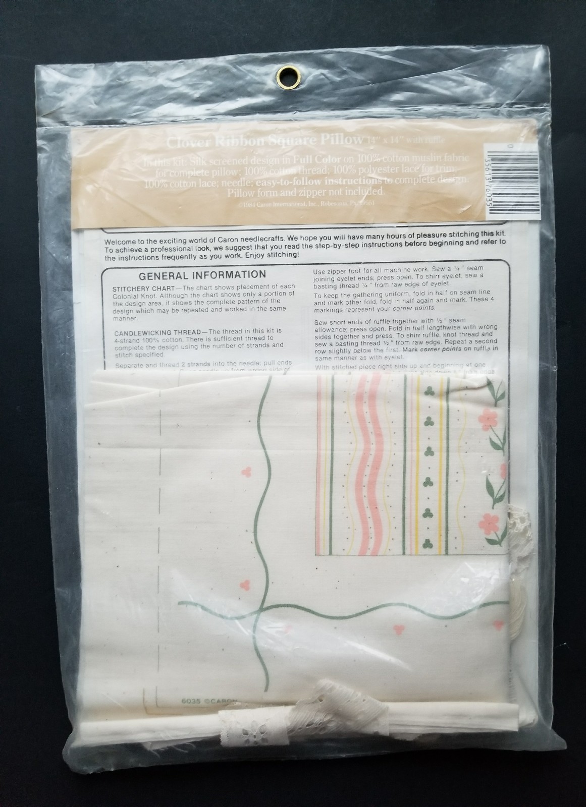 Clover Ribbon Square Candlewicking Embroidery Pillow Kit  #6035 Caron