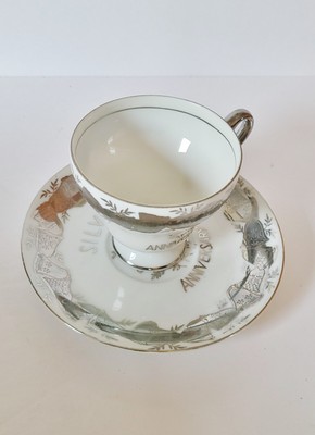 Vtg 25th Norcrest China Wedding Anniversary Cup & Saucer C-248 Silver Trim Bells