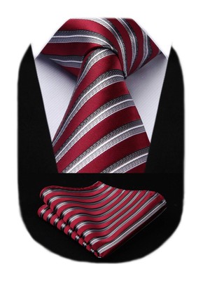 Ties for Men Red Stripe Tie and Pocket Square Set Business Crimson Striped Si...